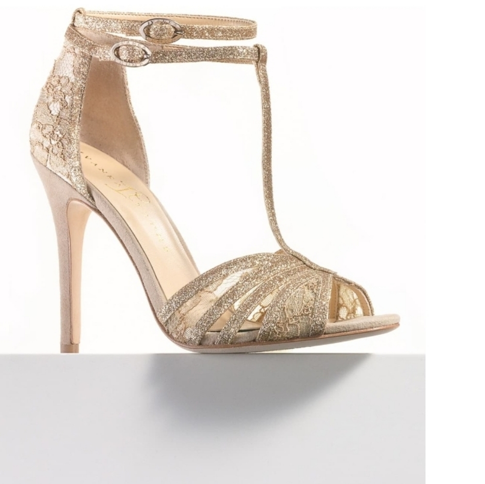 Ivanka Trump Haizel  gold lace T-Strap pumps 8M